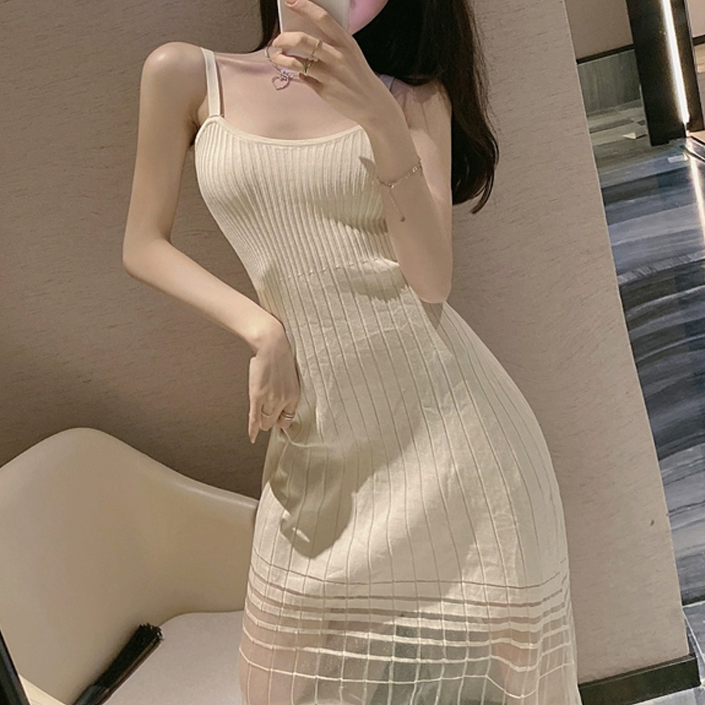 デート服 裾シースルー キャミニットワンピース 夏