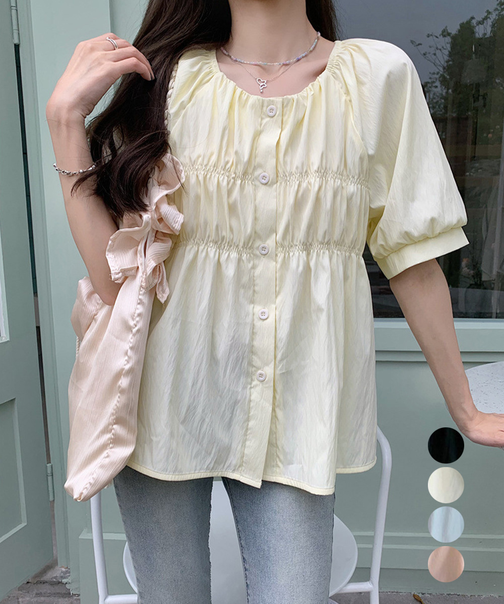 デート服 夏のデート向け シャーリングパフ袖ブラウス