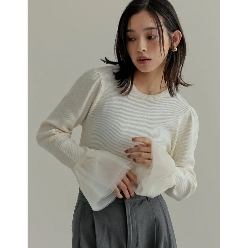 デート服 袖口シフォン切替リブニット長袖トップス3色