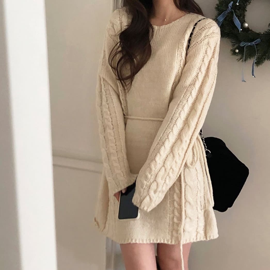 デート服 早春新作上品ケーブル編みニットワンピース