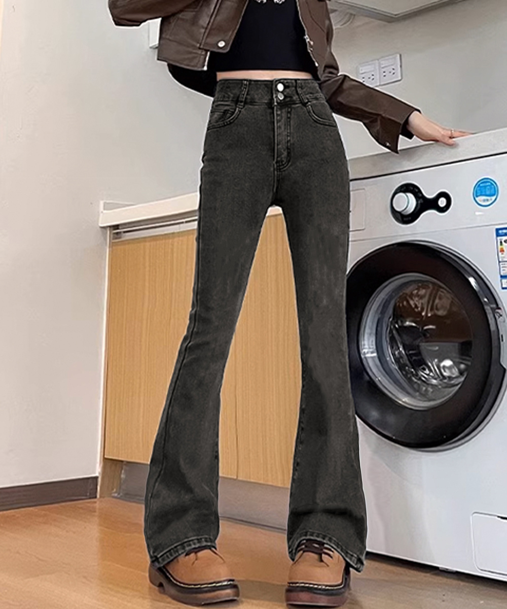 デート服 ハイウエストセミフレアデニム 美脚ズボン