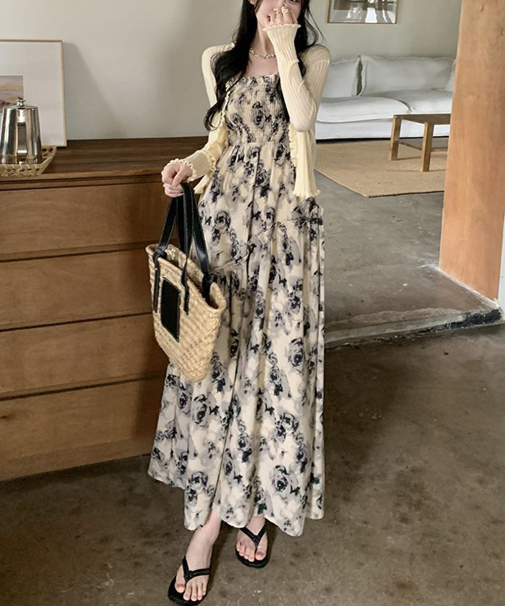 花柄シャーリング キャミロングワンピース