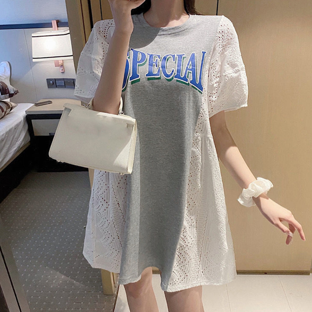 デート服 ぽわん袖レース切替ミニワンピース