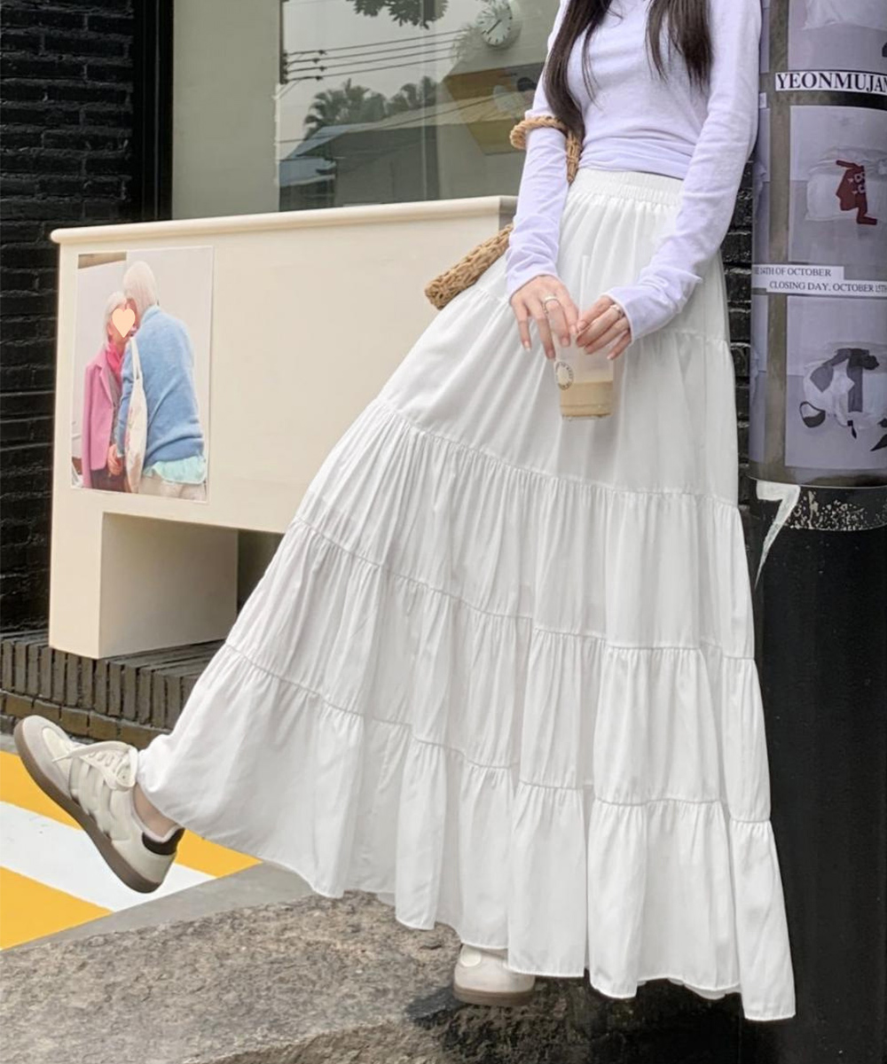 デート服 ふんわり五段ティアードスカート 韓国風ロング
