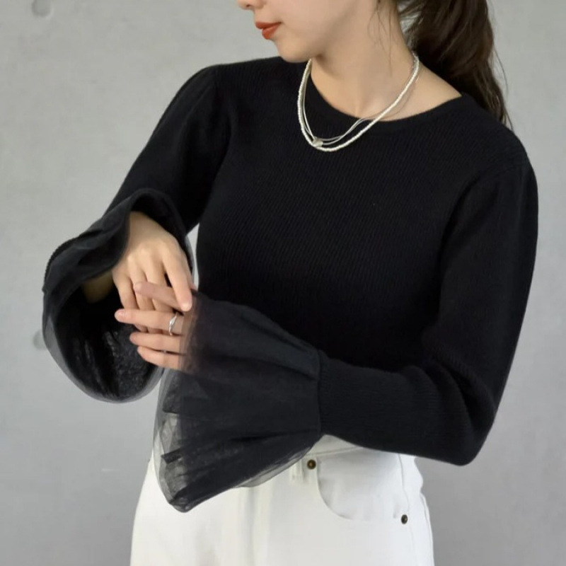 デート服 袖口シフォン切替リブニット長袖トップス3色