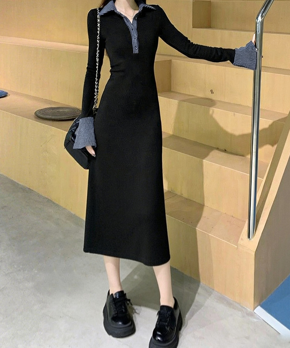 デート服 配色襟付きリブニットロングワンピース