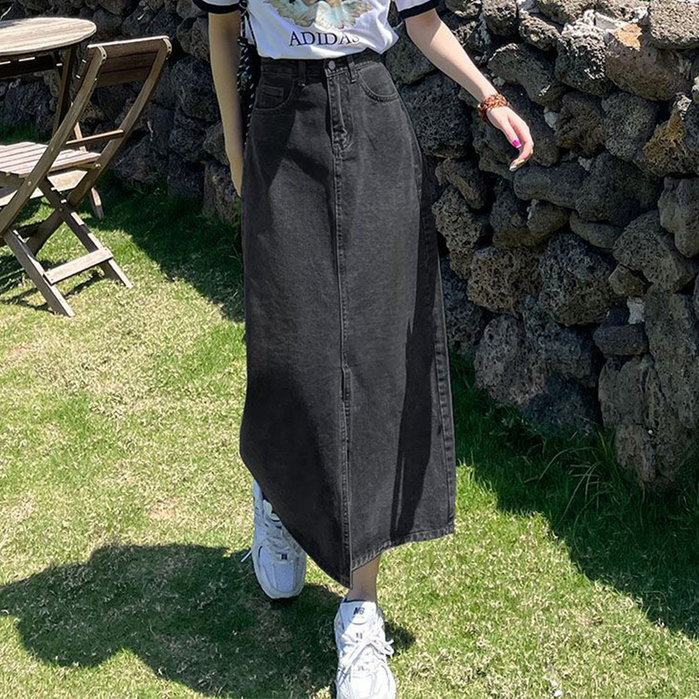 デート服 ハイウエストデニムスカート スリット入り 美脚タイト