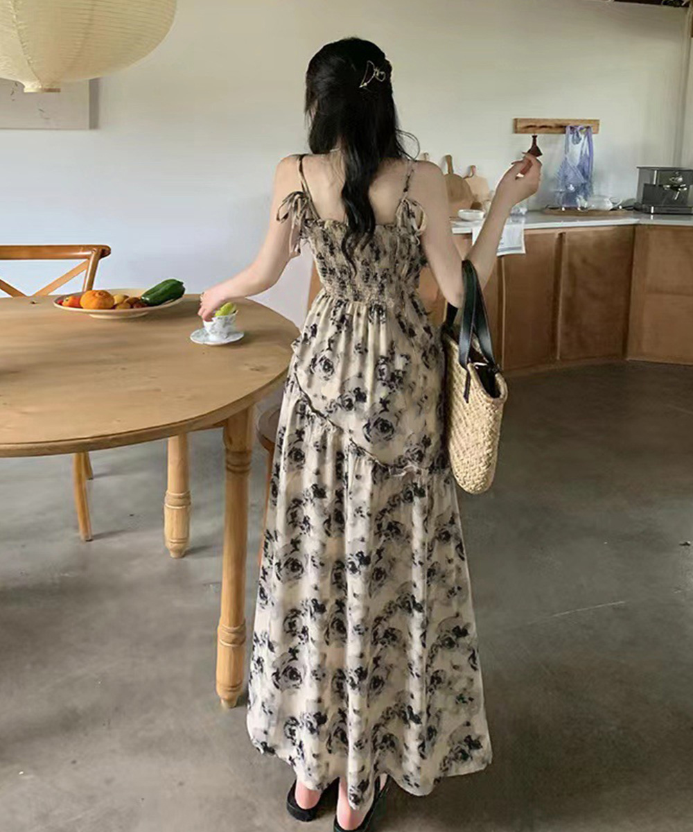 花柄シャーリング キャミロングワンピース