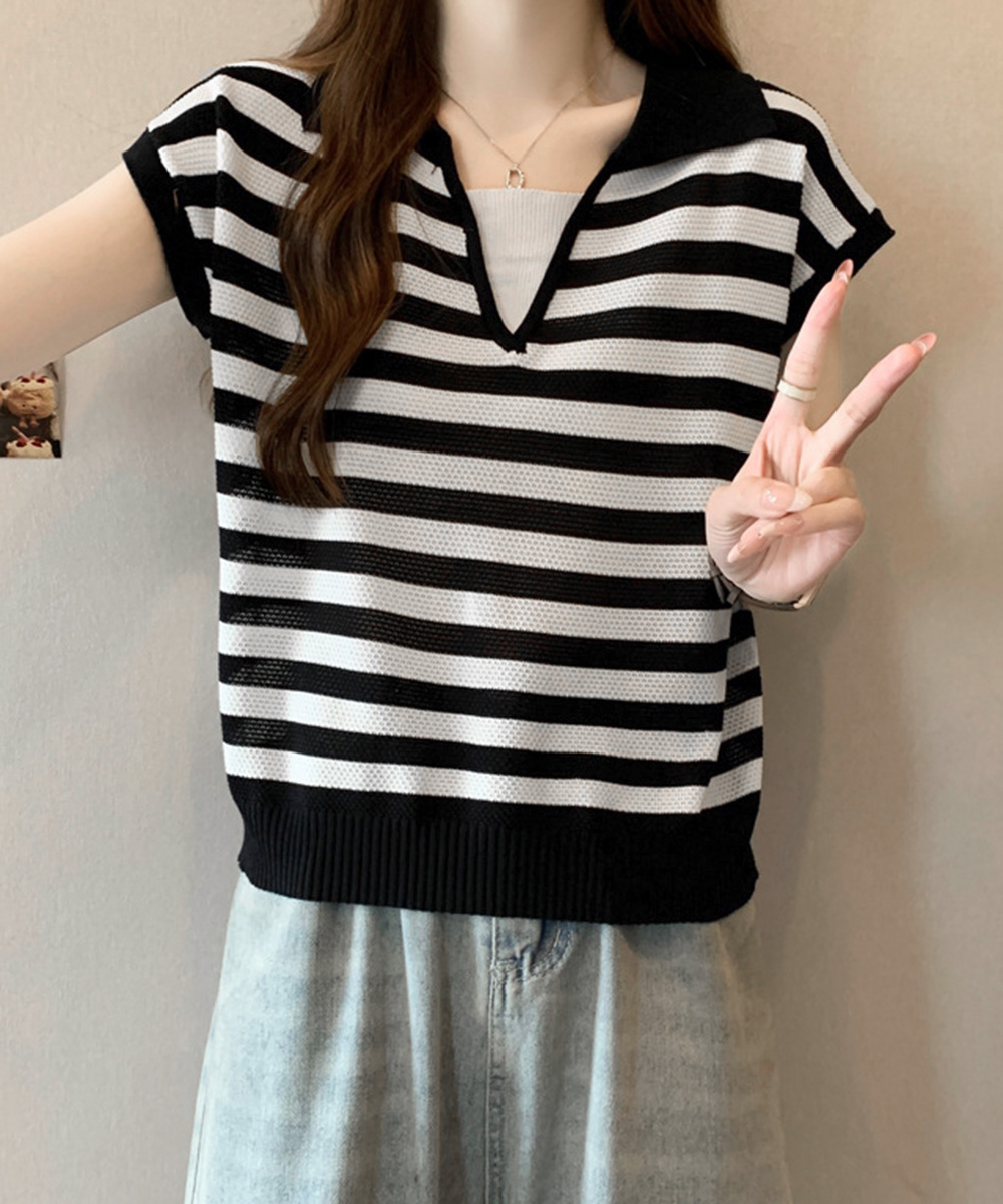 デート服 夏のデート映えボーダーニット Vネック半袖