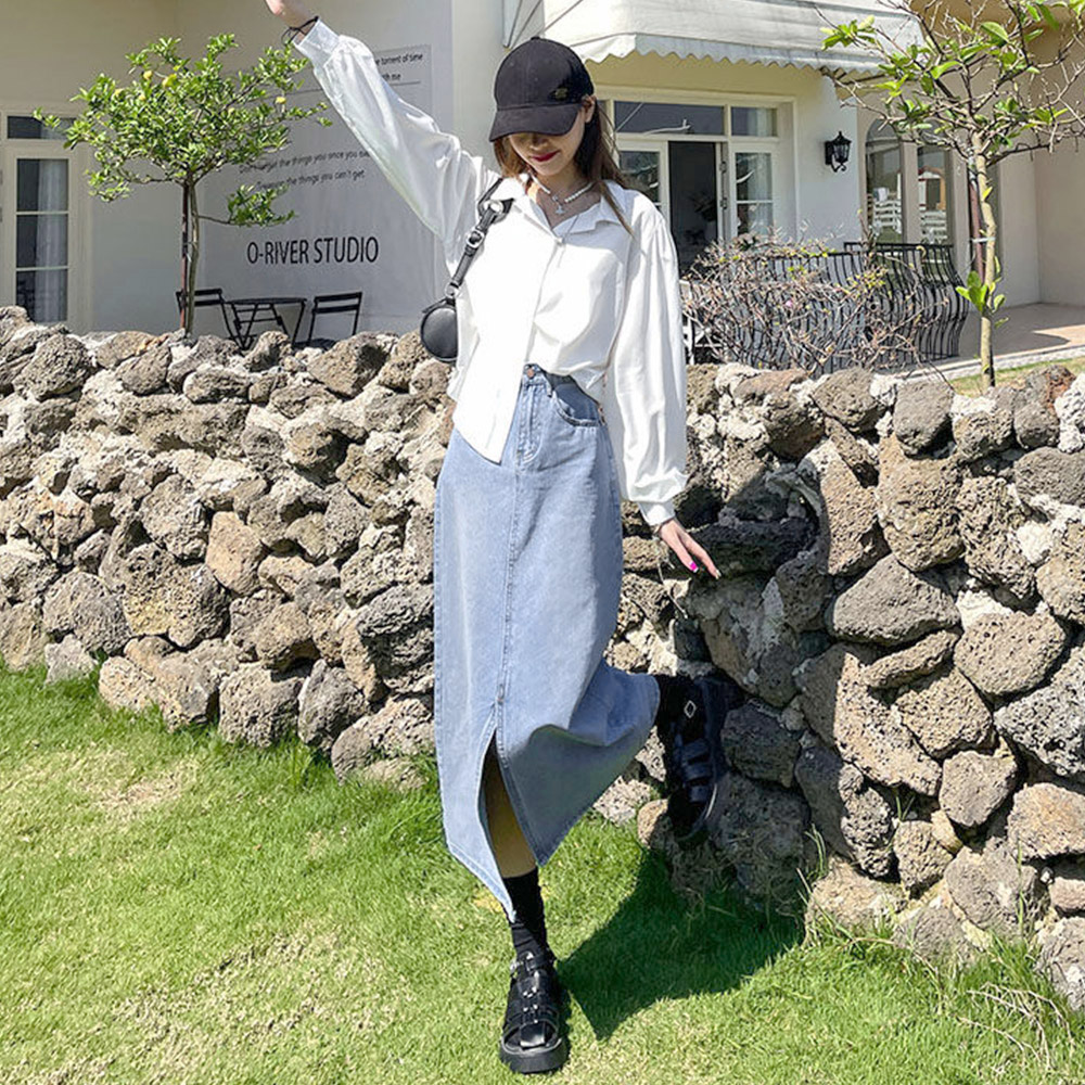 デート服 ハイウエストデニムスカート スリット入り 美脚タイト