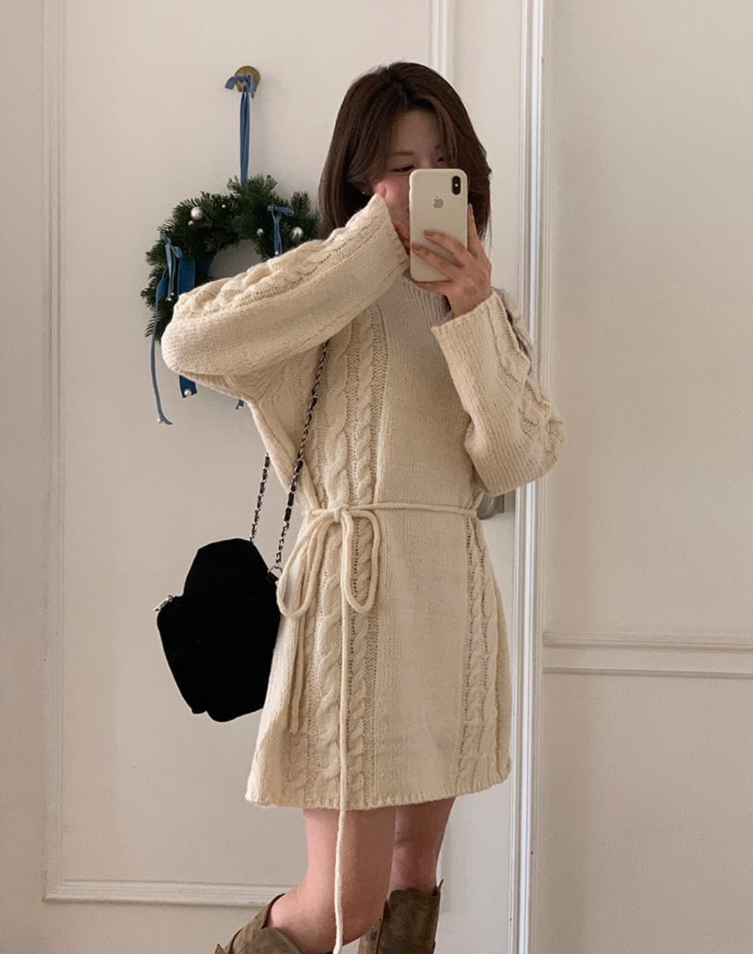 デート服 早春新作上品ケーブル編みニットワンピース