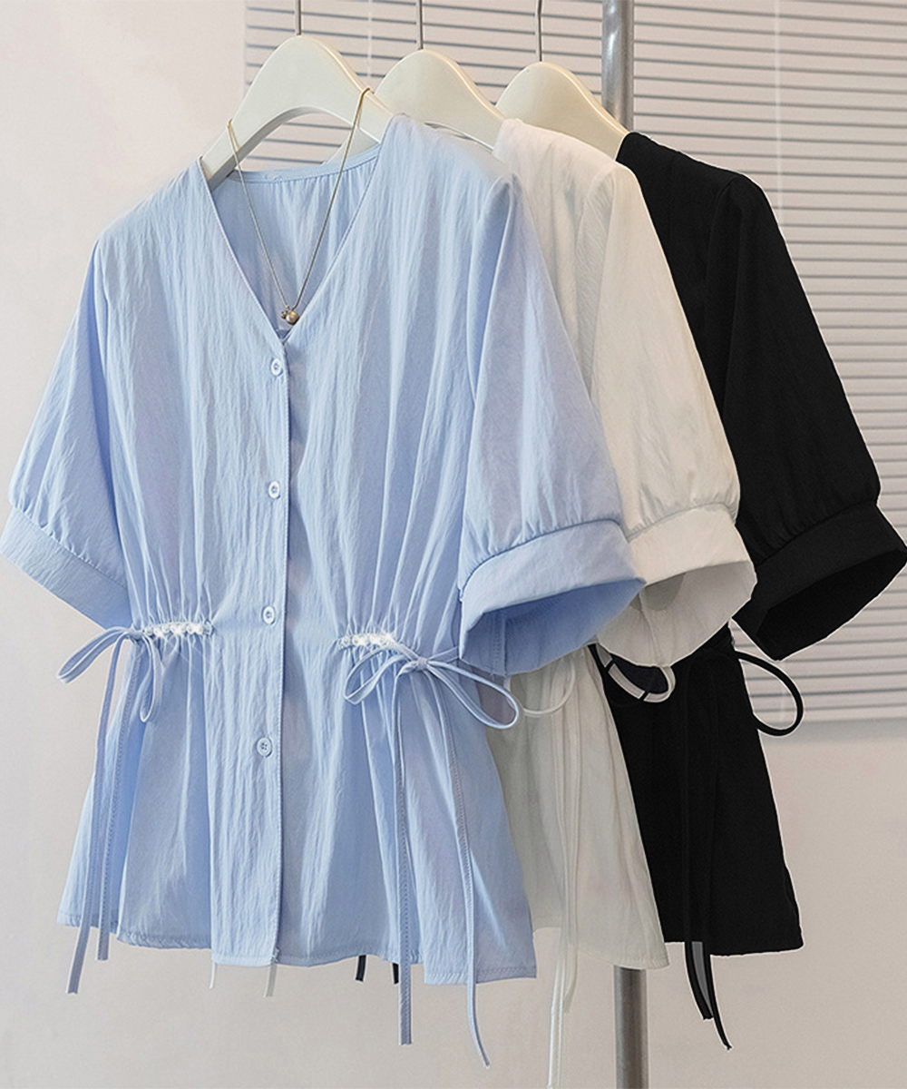 デート服 夏のデート向け パール付きウエスト絞りブラウス