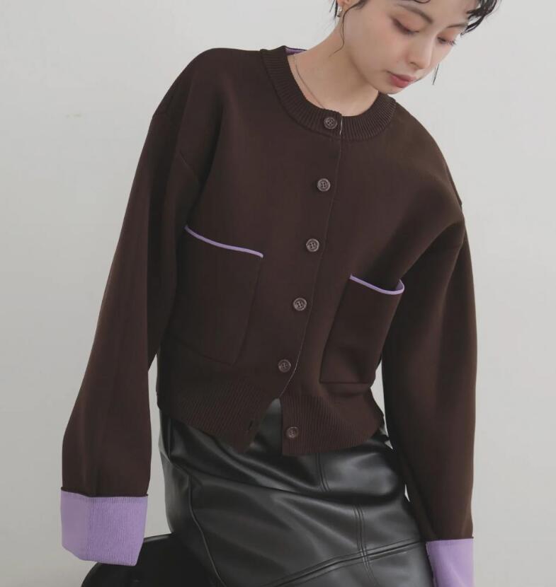 デート服 韓国風カラーパイピングニットカーディガン