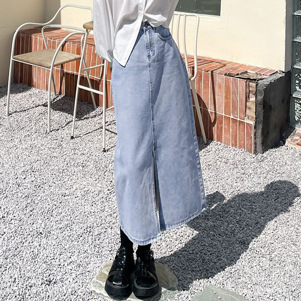 デート服 ハイウエストデニムスカート スリット入り 美脚タイト