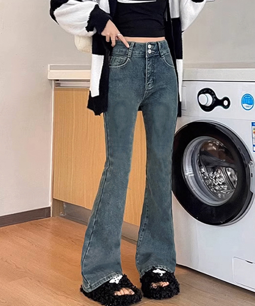 デート服 ハイウエストセミフレアデニム 美脚ズボン