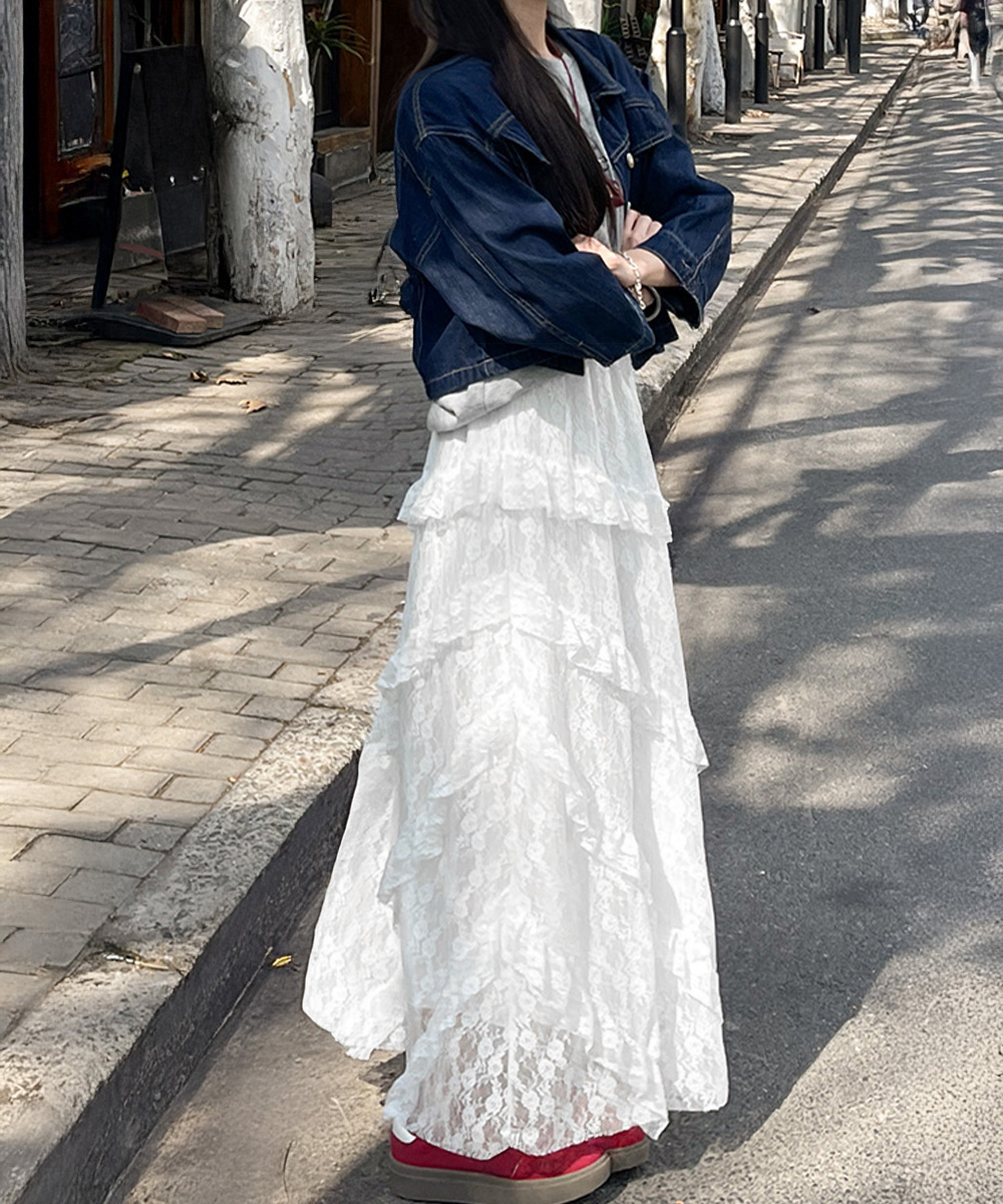 デート服 優美なレースティアードロングスカート