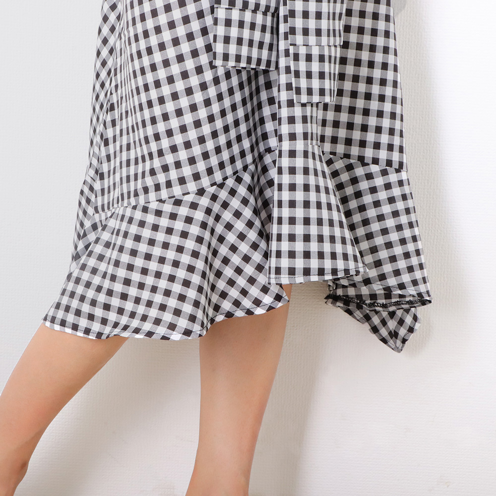 モノトーンチェック切替ワンピース 春夏デート服