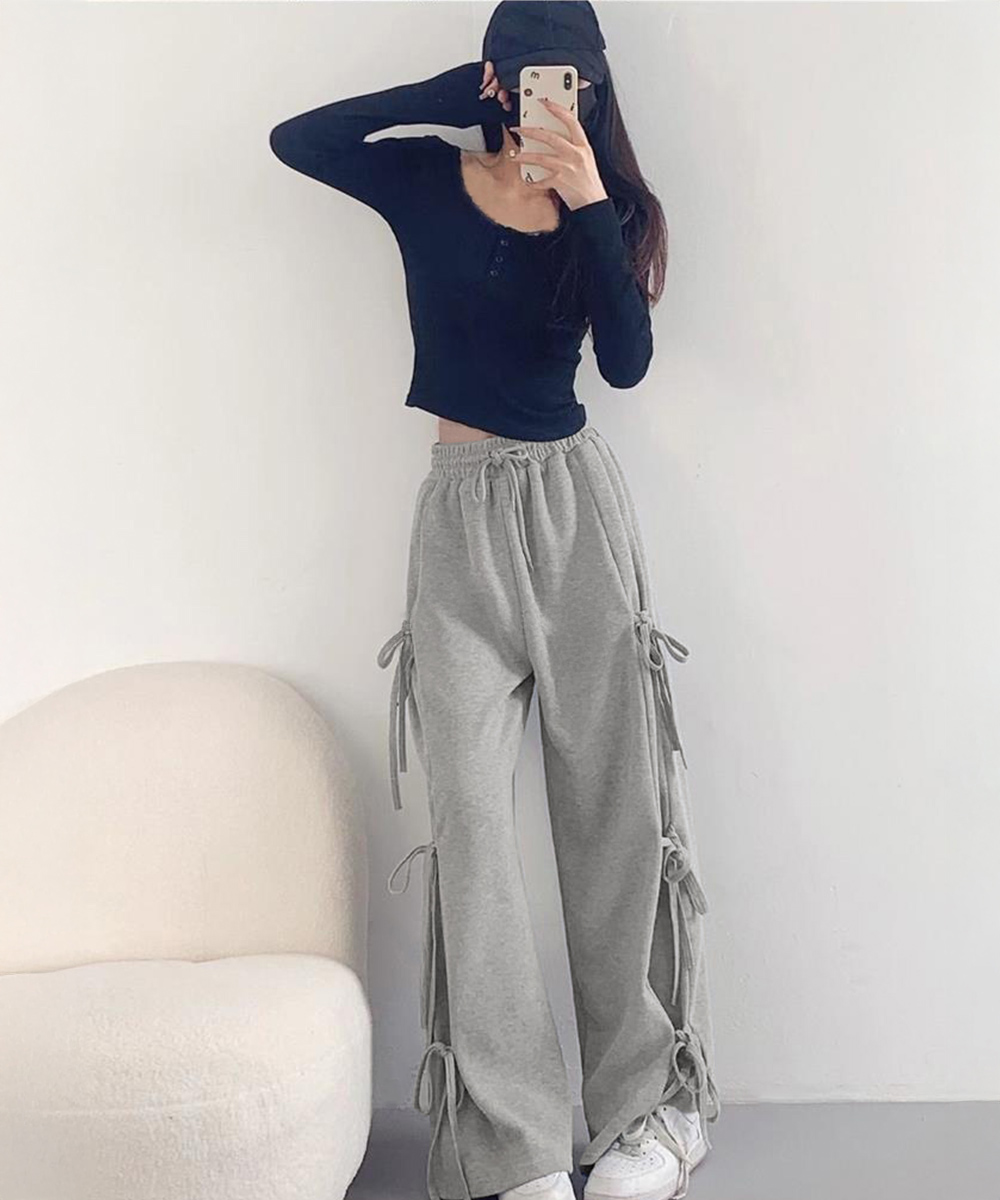 デート服 リボン結びデザイン ワイドズボン