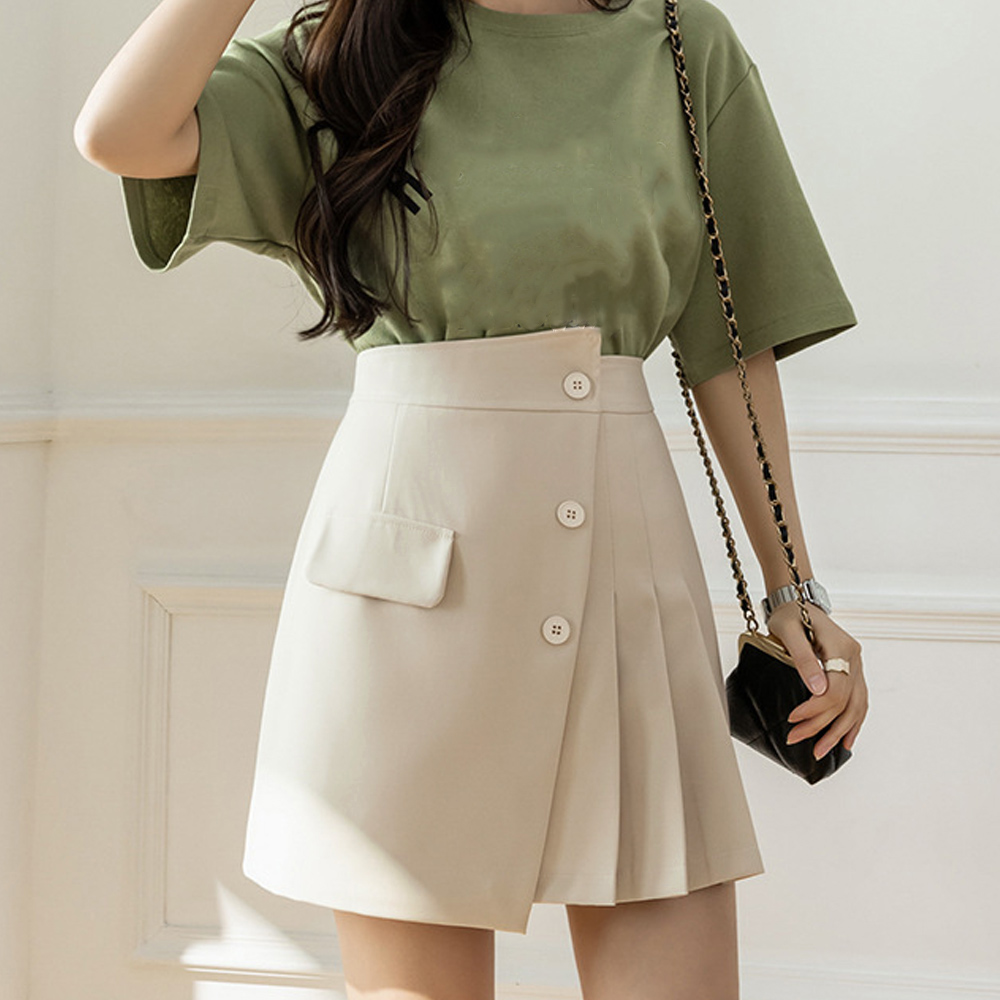 デート服 フロントボタン プリーツミニスカート ハイウエスト