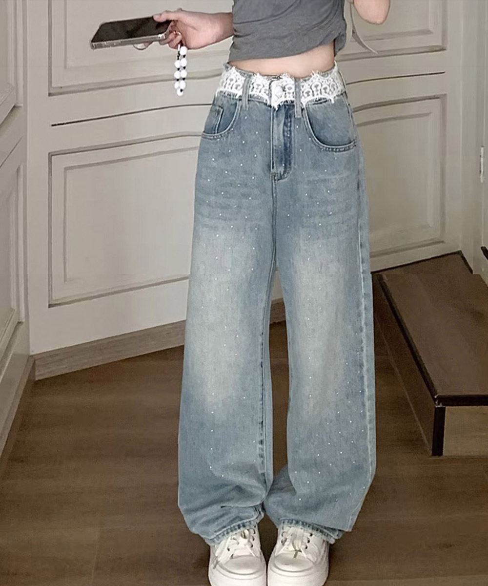 デート服 レース装飾 キラキラデニムズボン 美脚ワイド