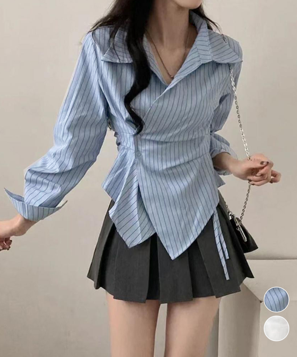 縦縞カシュクールブラウス長袖春秋デート服