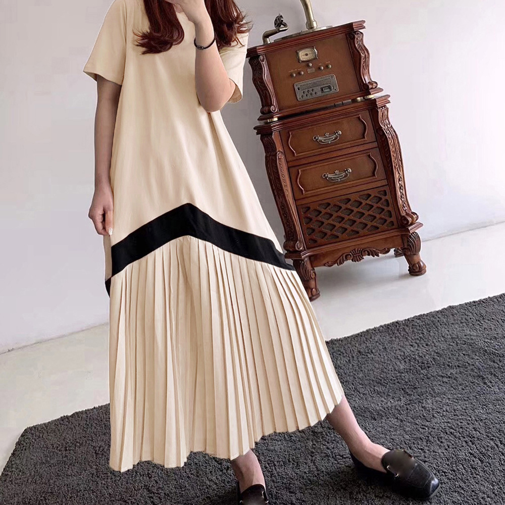 デート服 配色切り替え プリーツ ロングワンピース