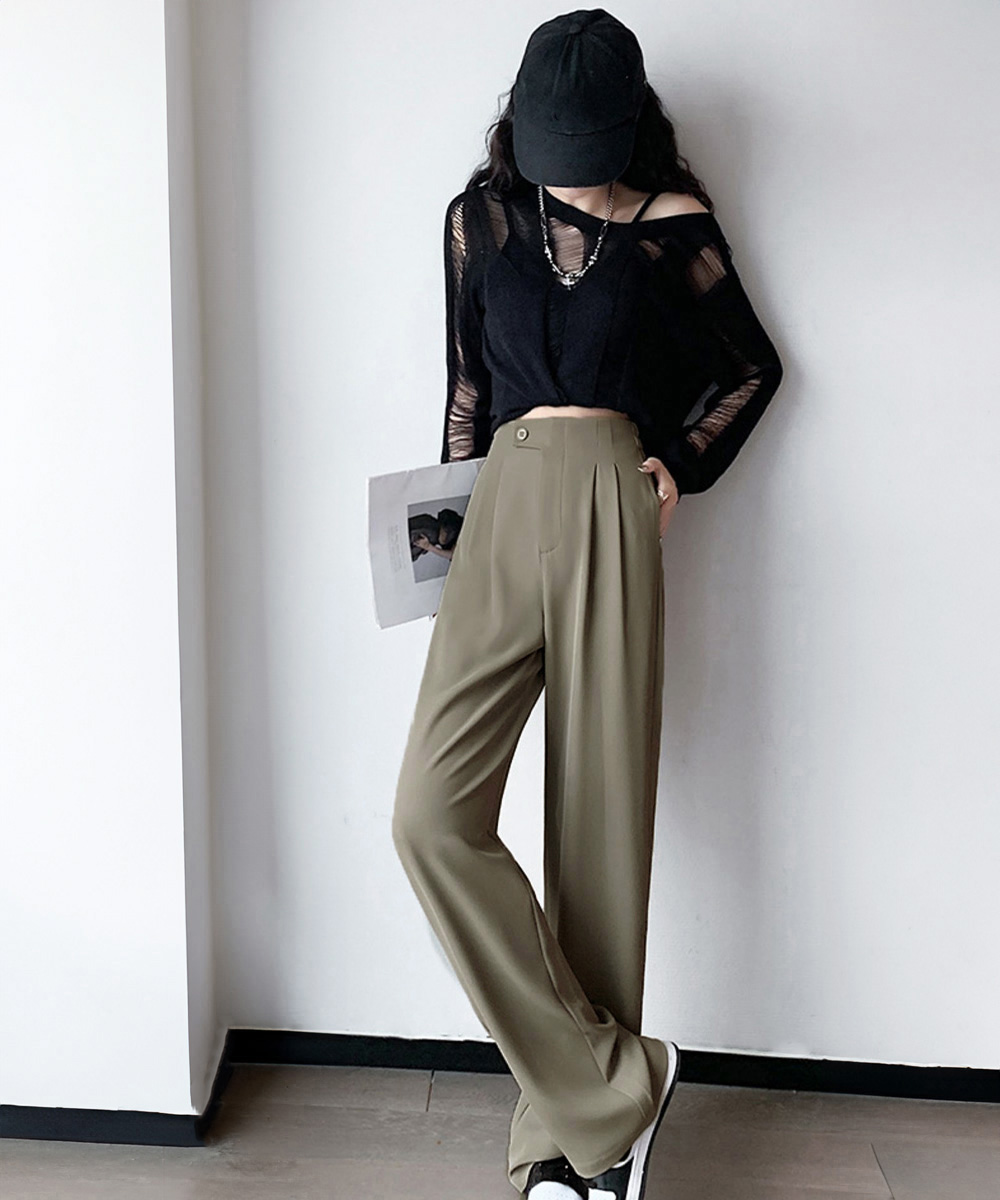 デート服 美脚効果 ハイウエストタックスラックス