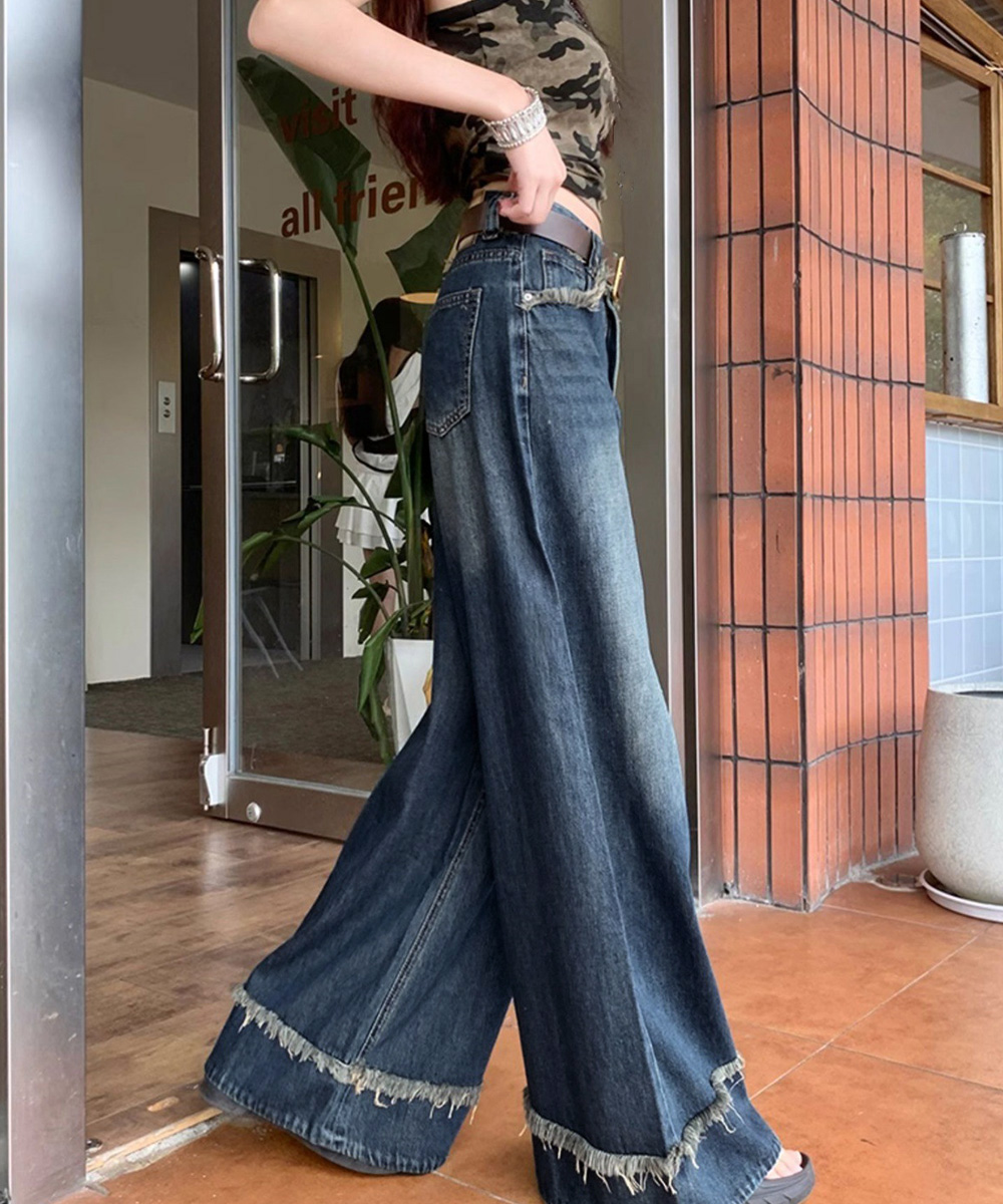 デート服 フリンジ裾 ハイウエストデニムワイドパンツ