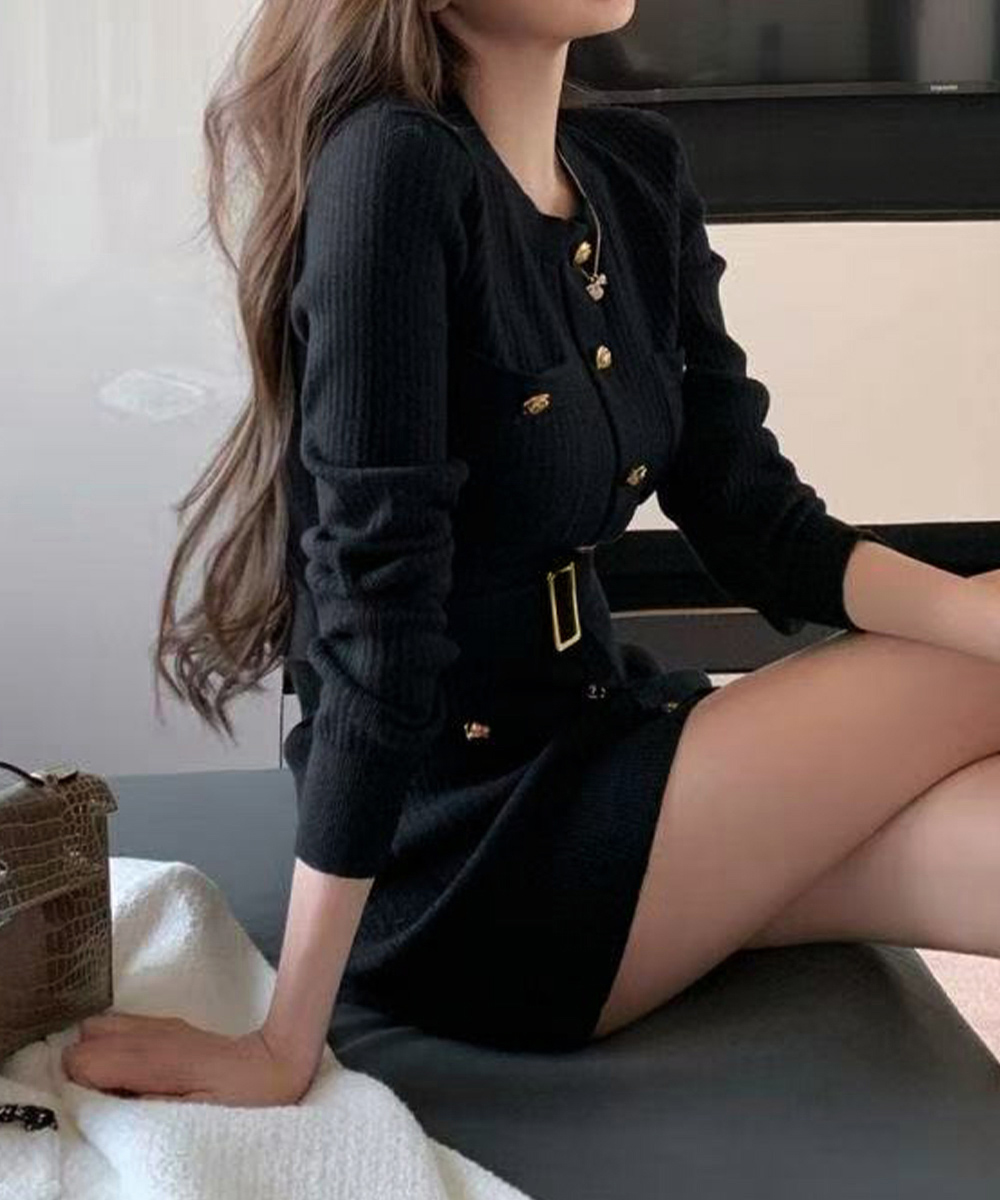 デート服 金ボタン,上品ベルト付きニットワンピース