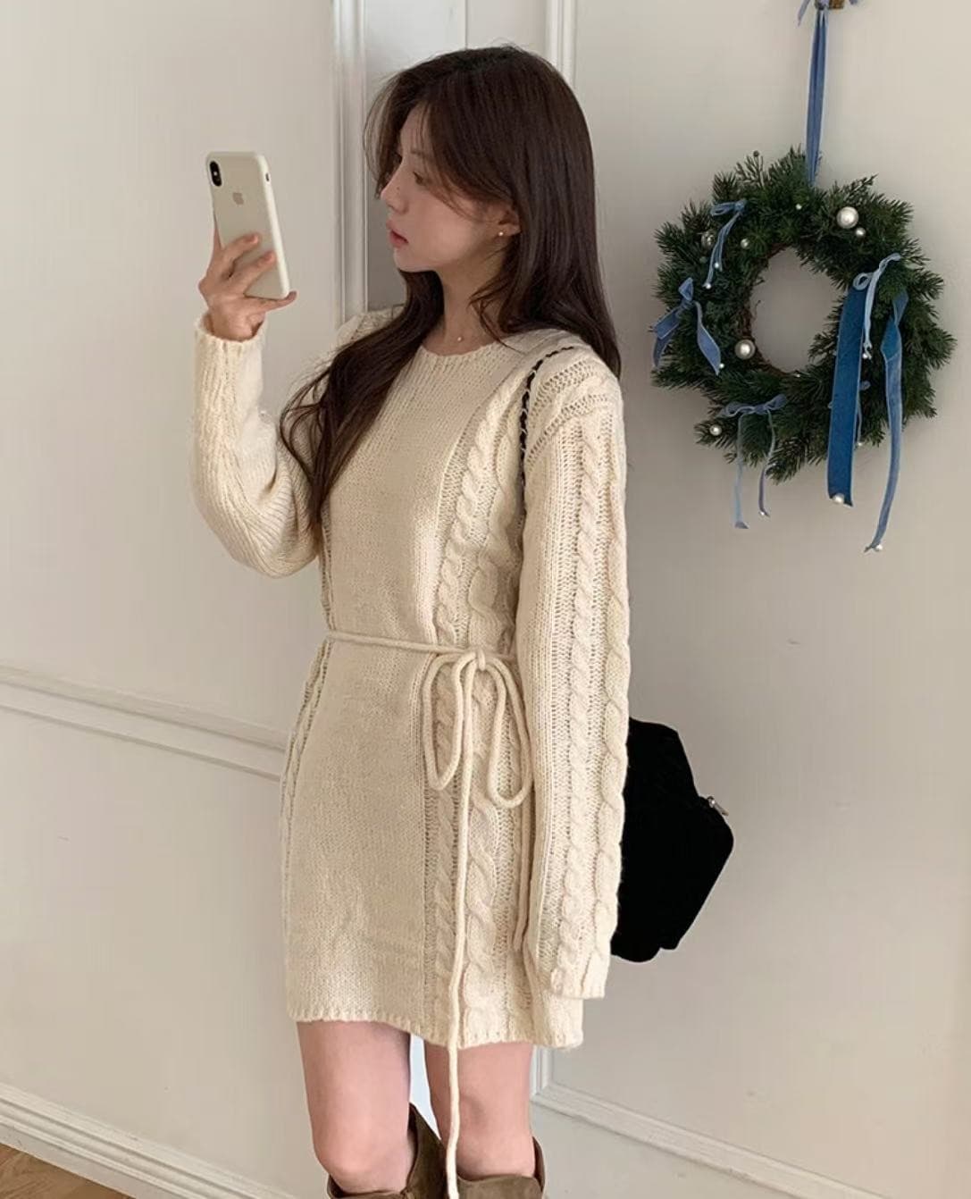 デート服 早春新作上品ケーブル編みニットワンピース