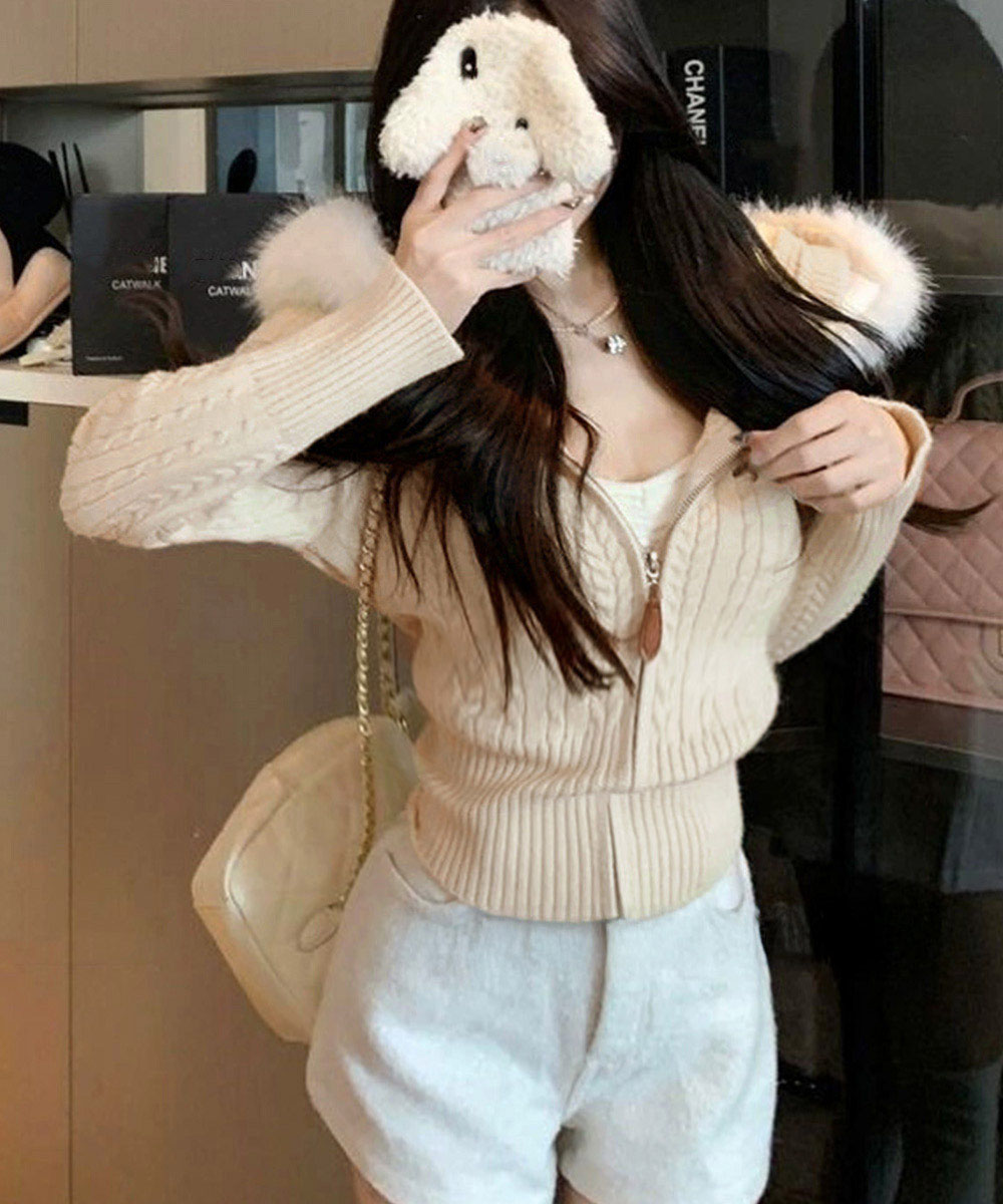 デート服 ファー付きケーブル編みニットカーディガン