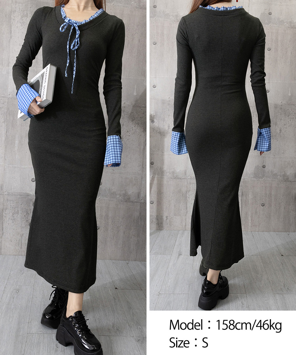 デート服 配色リボンニット長袖マーメイドワンピース