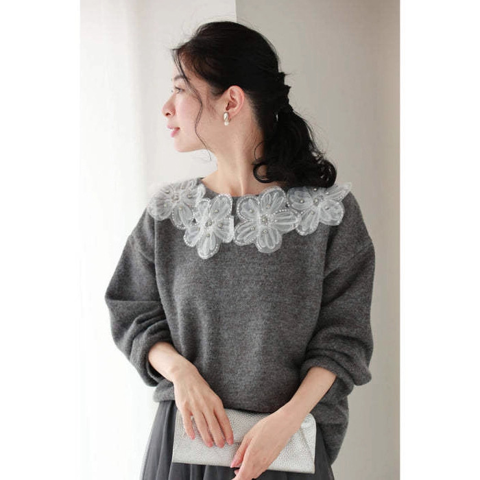 デート服 花柄刺繍襟付きニットセーター韓国風