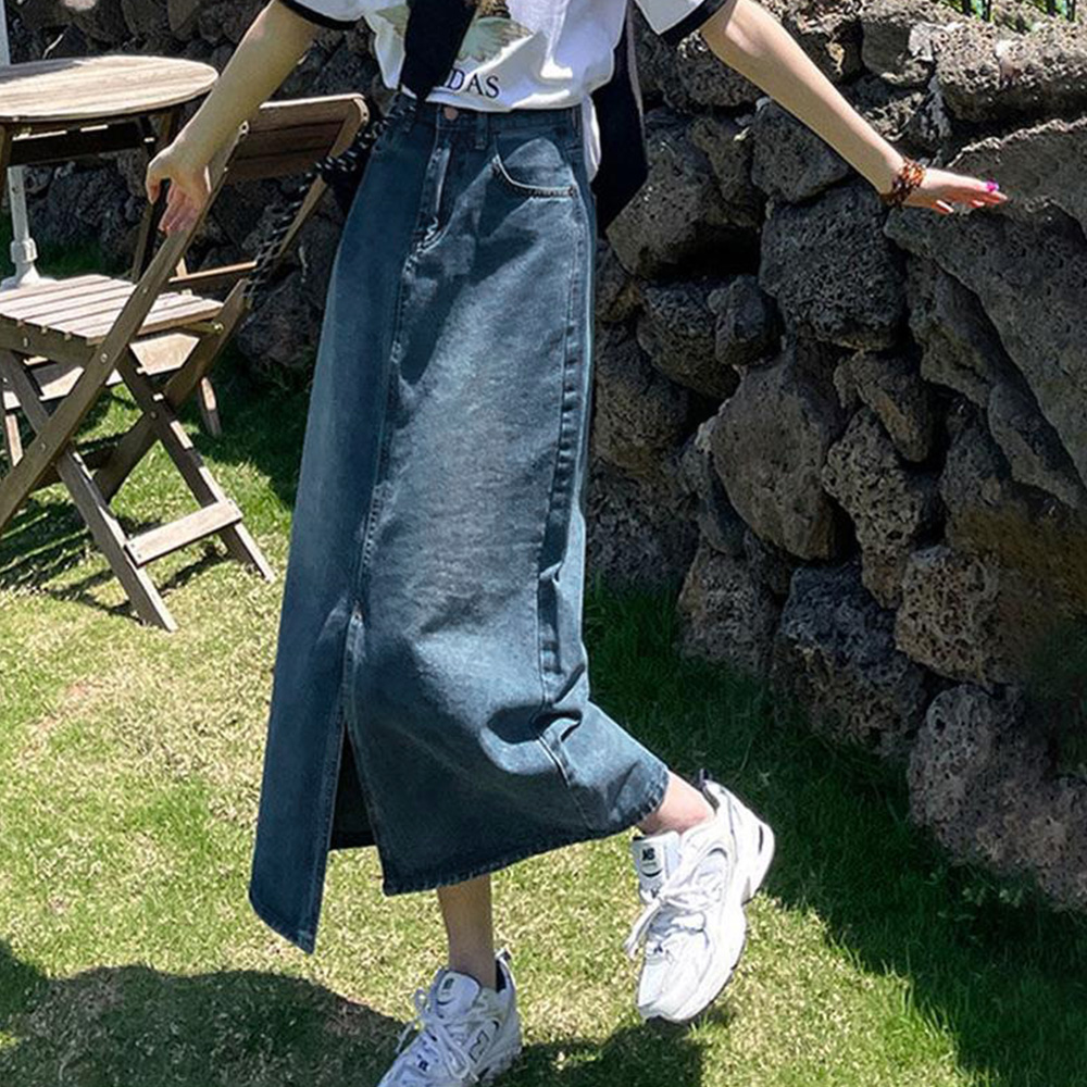 デート服 ハイウエストデニムスカート スリット入り 美脚タイト
