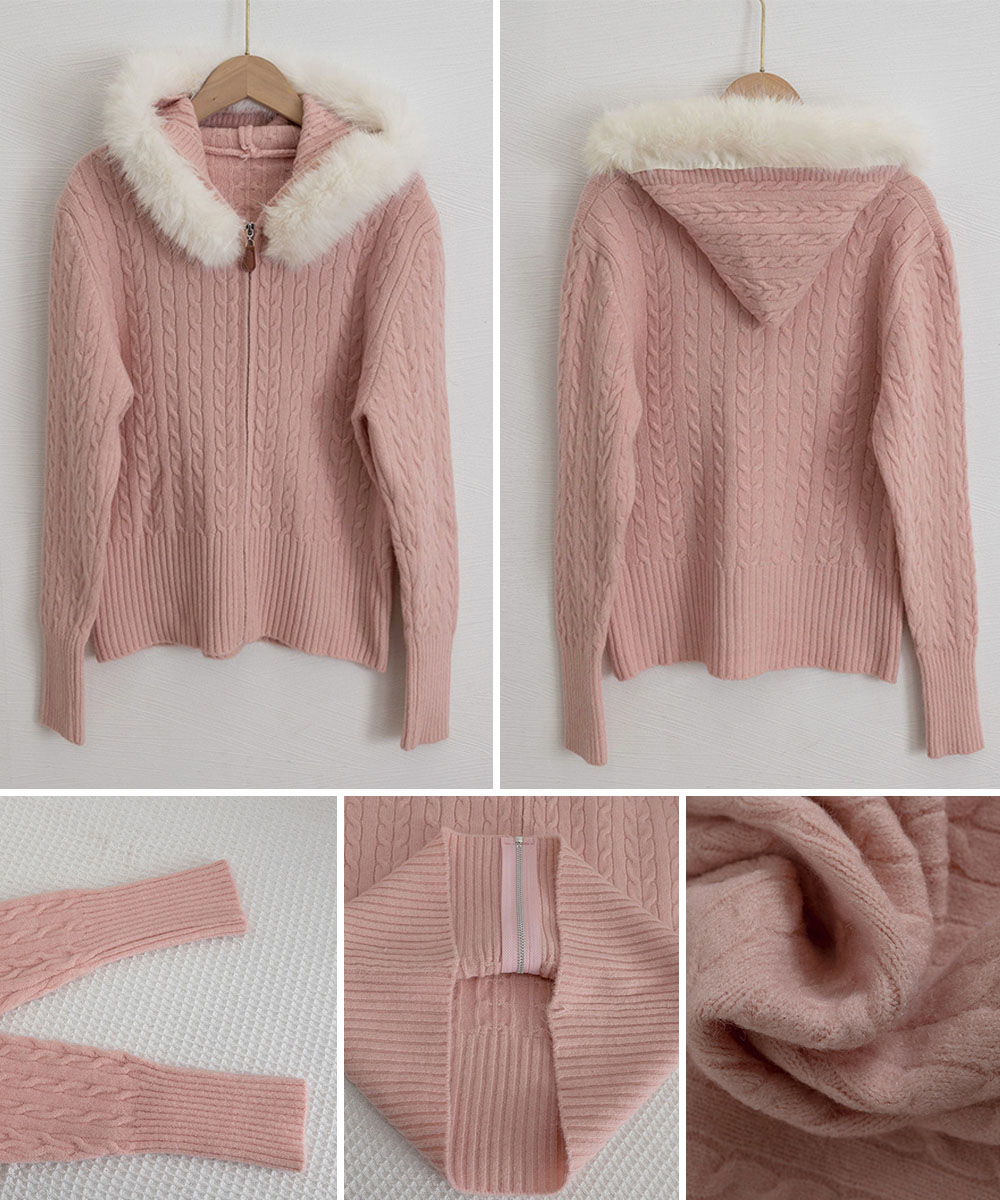 デート服 ファー付きケーブル編みニットカーディガン