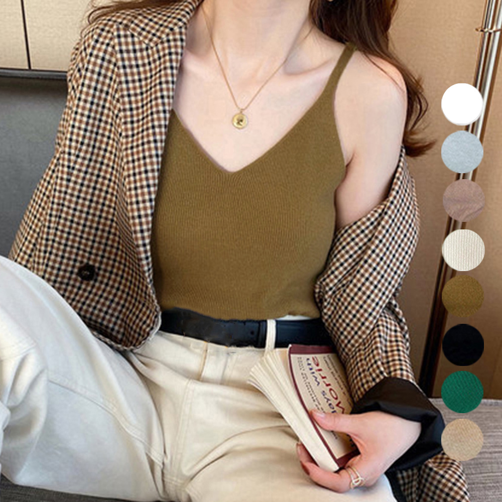 デート服 前開きVカット リブニットキャミソール