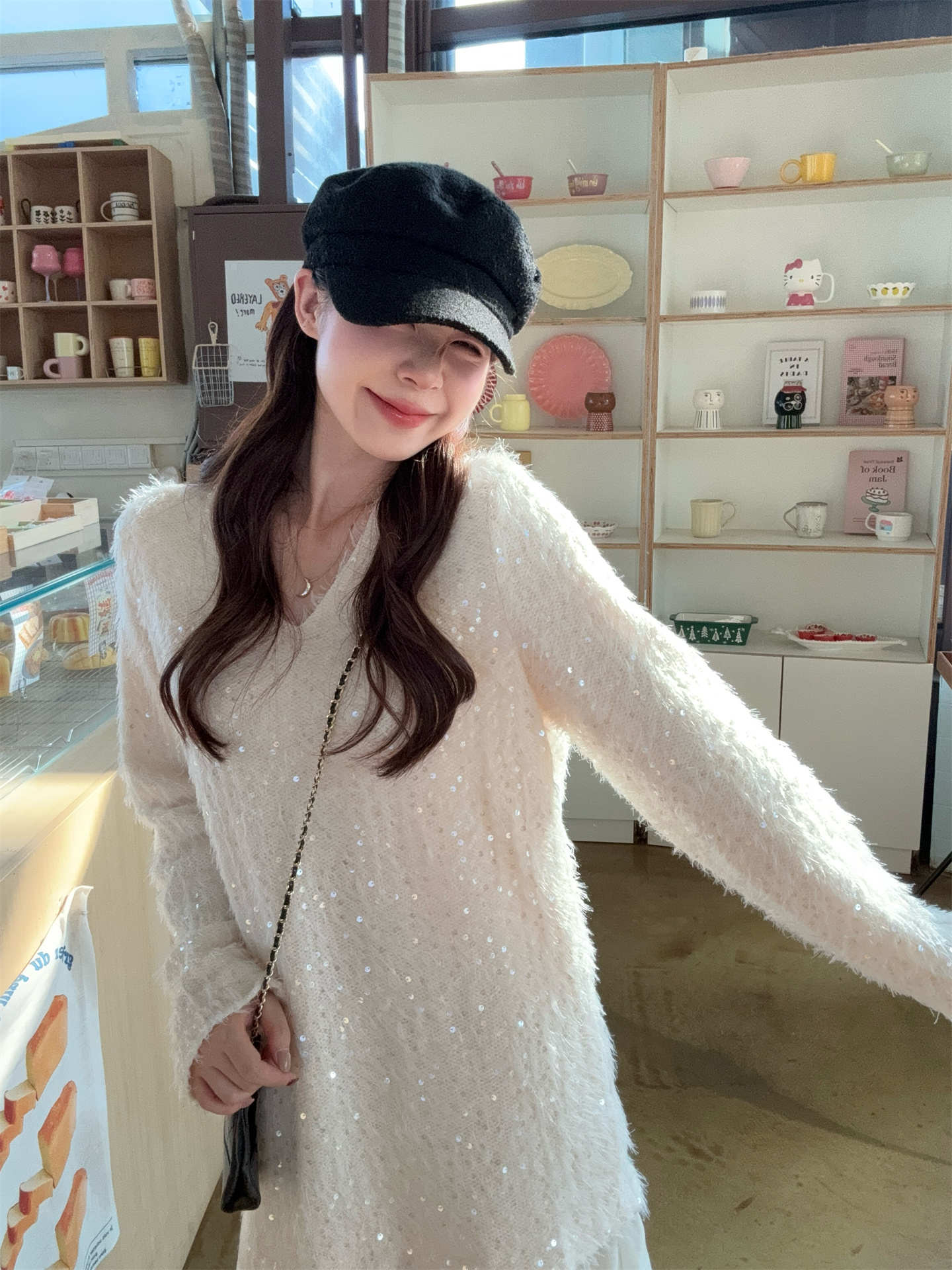 デート服 上品な気質溢れるパッチワーク風レイヤードワンピース