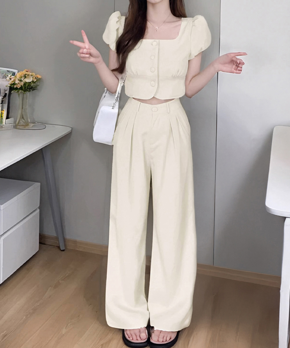 デート服 春夏パフスリーブトップス×ワイドパンツセットアップ