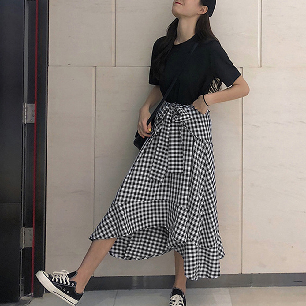 モノトーンチェック切替ワンピース 春夏デート服