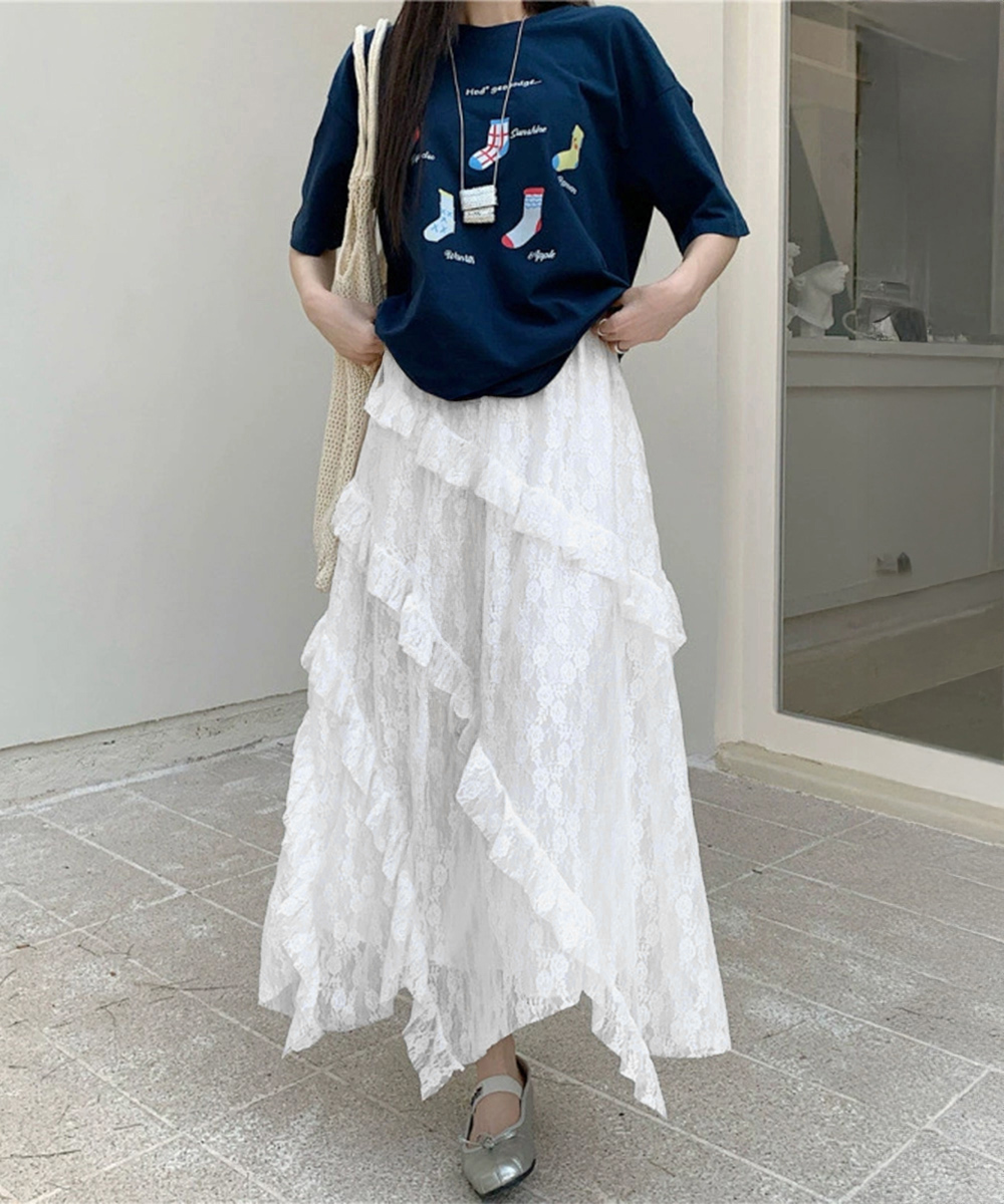 デート服 優美なレースティアードロングスカート