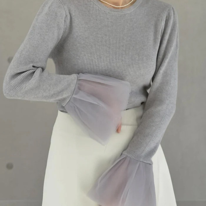 デート服 袖口シフォン切替リブニット長袖トップス3色