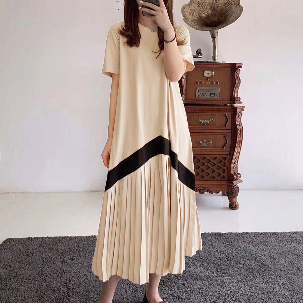 デート服 配色切り替え プリーツ ロングワンピース