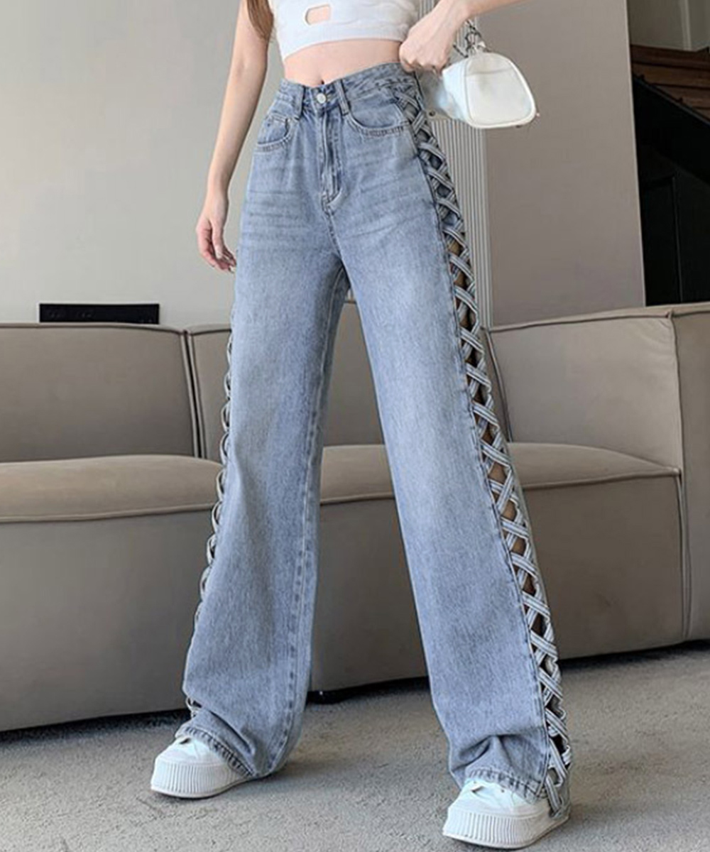 デート服 サイド編み上げデニムパンツ 美脚ズボン