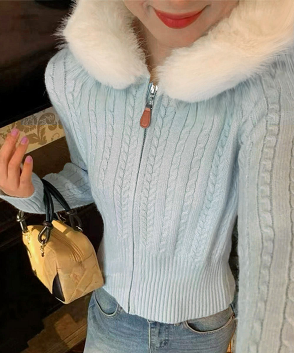 デート服 ファー付きケーブル編みニットカーディガン