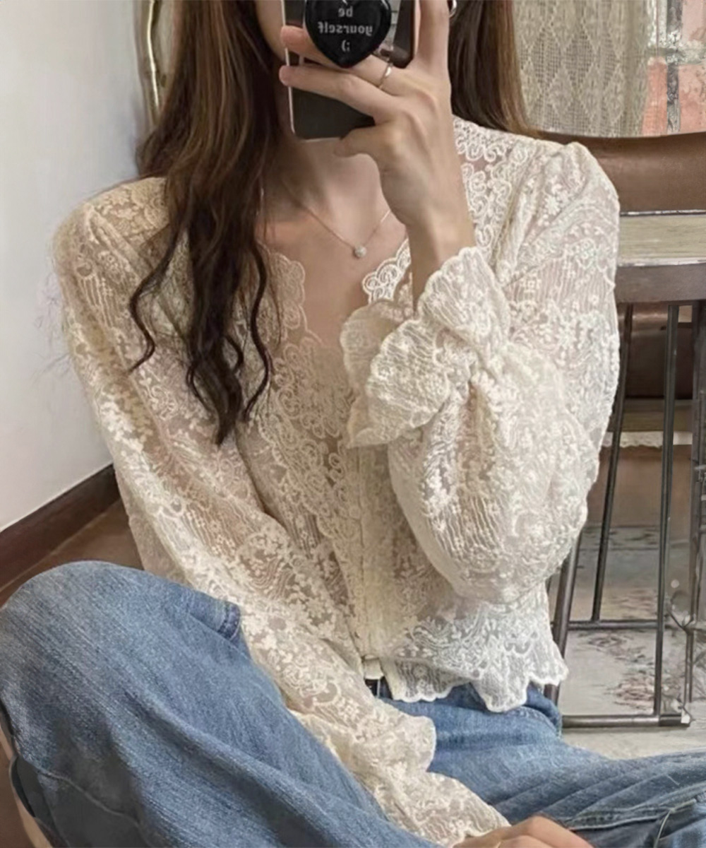 デート服 花柄総レースブラウス透け感長袖トップス