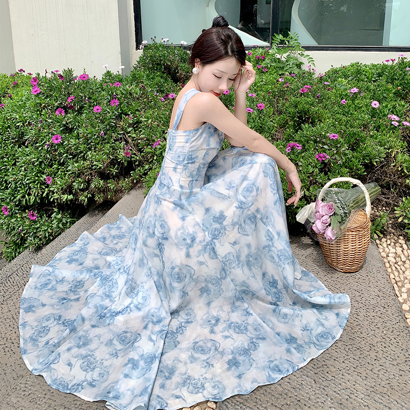 デート服 花柄ロング丈ワンピース 春夏リゾート風フレア