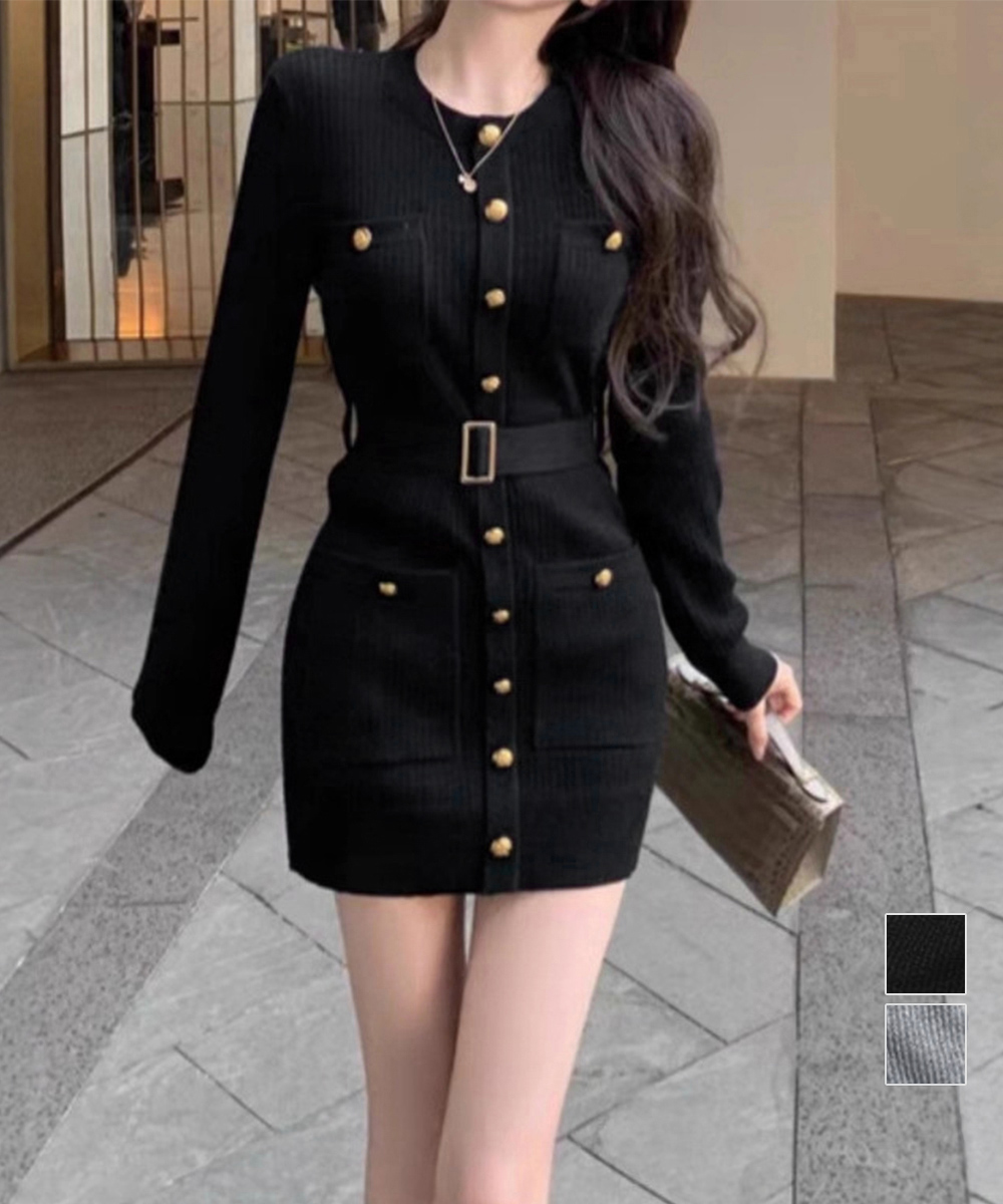 デート服 金ボタン,上品ベルト付きニットワンピース