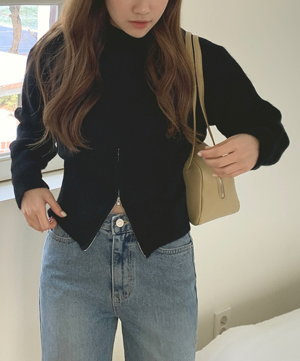 裾ジップニットセーター 長袖 秋冬 デート服
