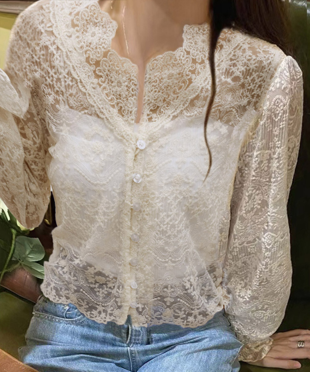 デート服 花柄総レースブラウス透け感長袖トップス