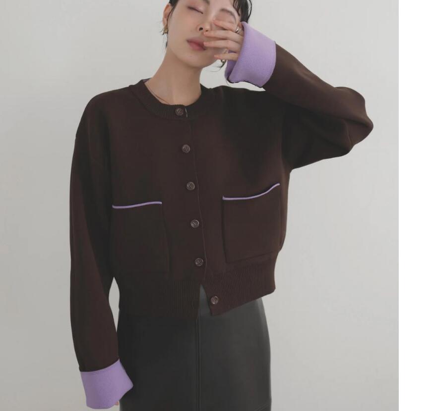 デート服 韓国風カラーパイピングニットカーディガン